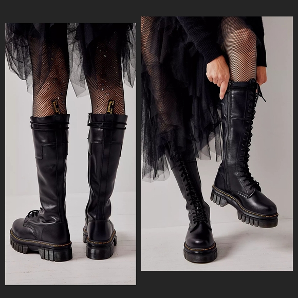 Dr. Martens Docs AUDRICK 20 Eyelet Black Lace-Up Zipper Platform Combat Boots